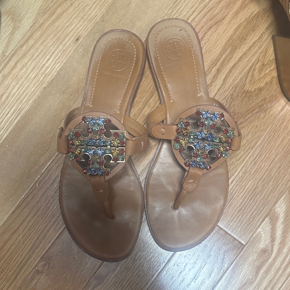 Tory Burch Tan Miller Sandals with Colorful Embellishments
